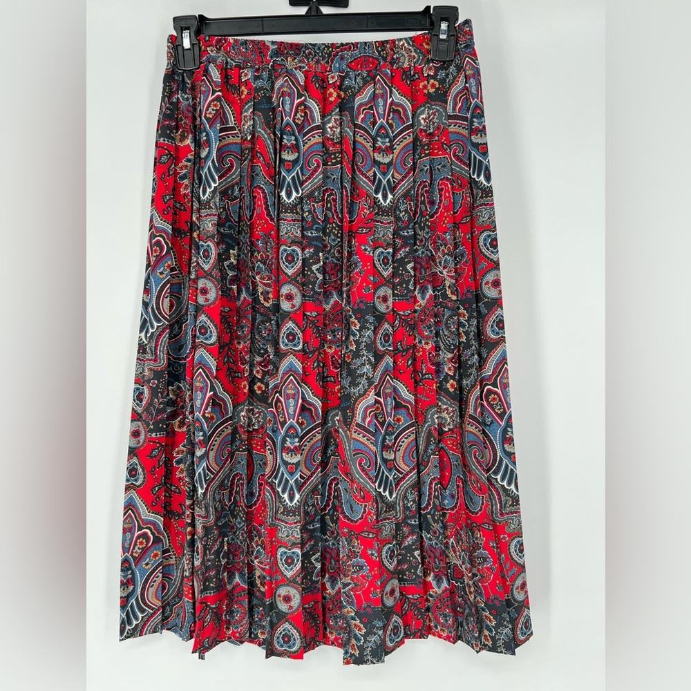 ALFRED DUNNER RED BLUE WHITE PAISLEY FLORAL VINTAGE PLEATED‎ MIDI SKIRT